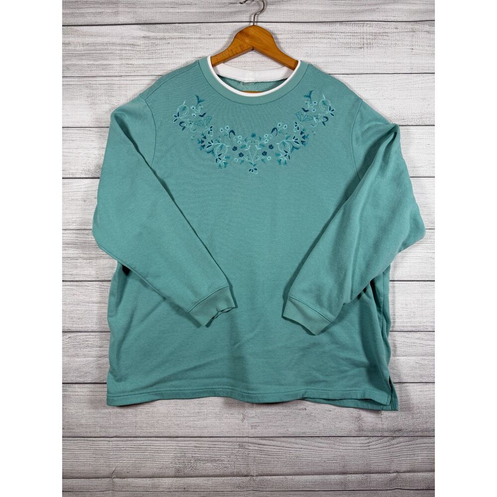 Women's 2X Teal Floral Embroidered Double Neck Crewneck Sweatshirt 4025